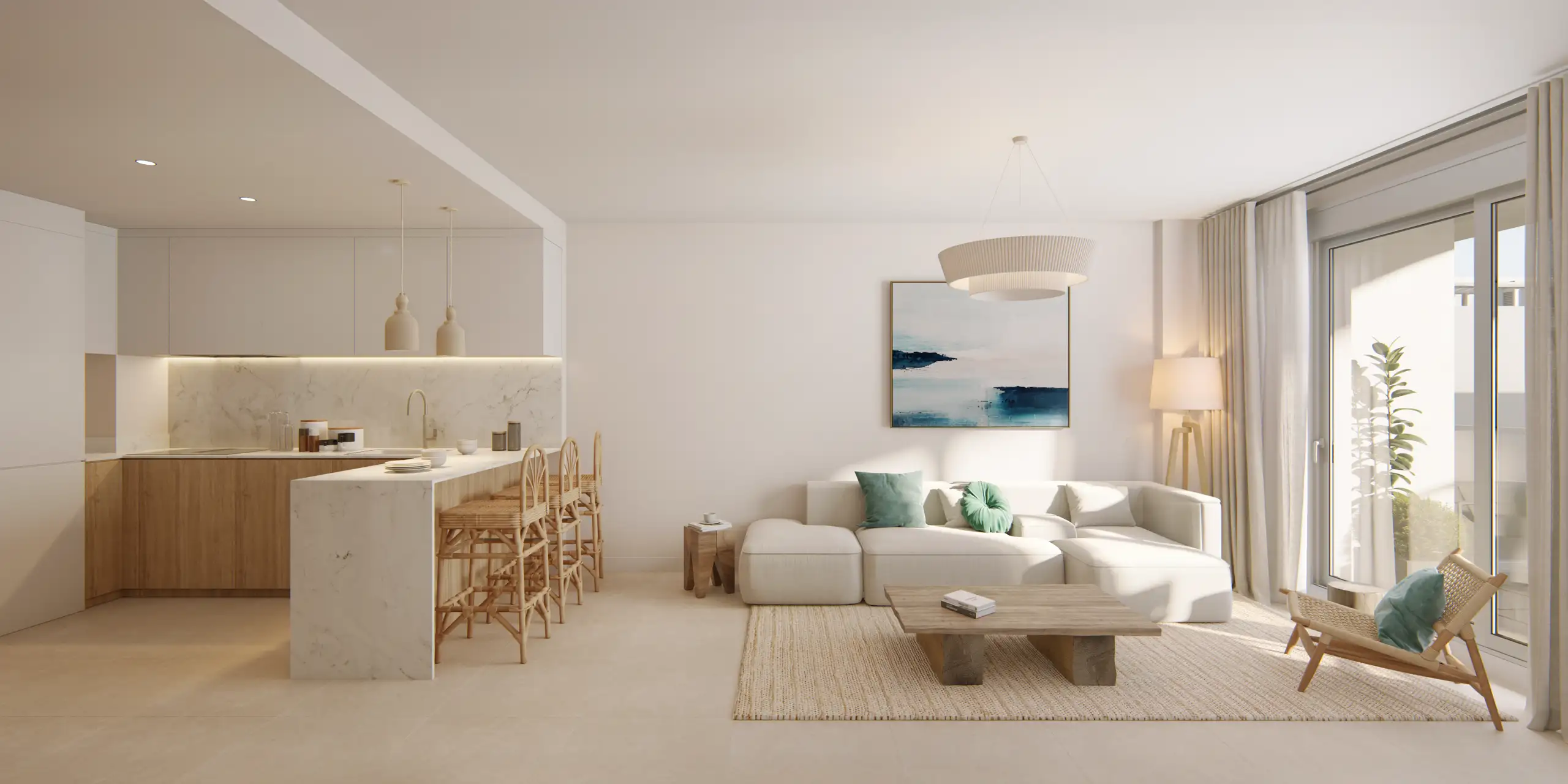 Salón del apartamento con isla en la cocina